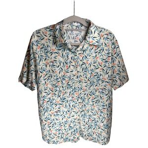 HT Mens Tropical Floral Leaf Print Short Sleeve Button Up Shirt XL Hawaiian Vibe